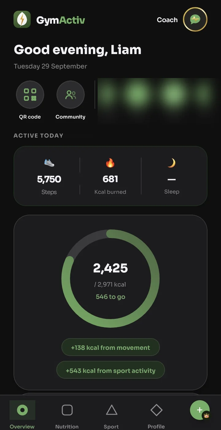 The GymActiv overview with today's calories and your activity
