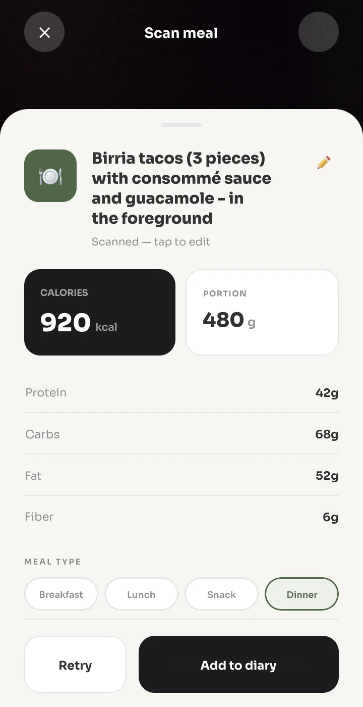 Meal scan result with calories, portion and macros