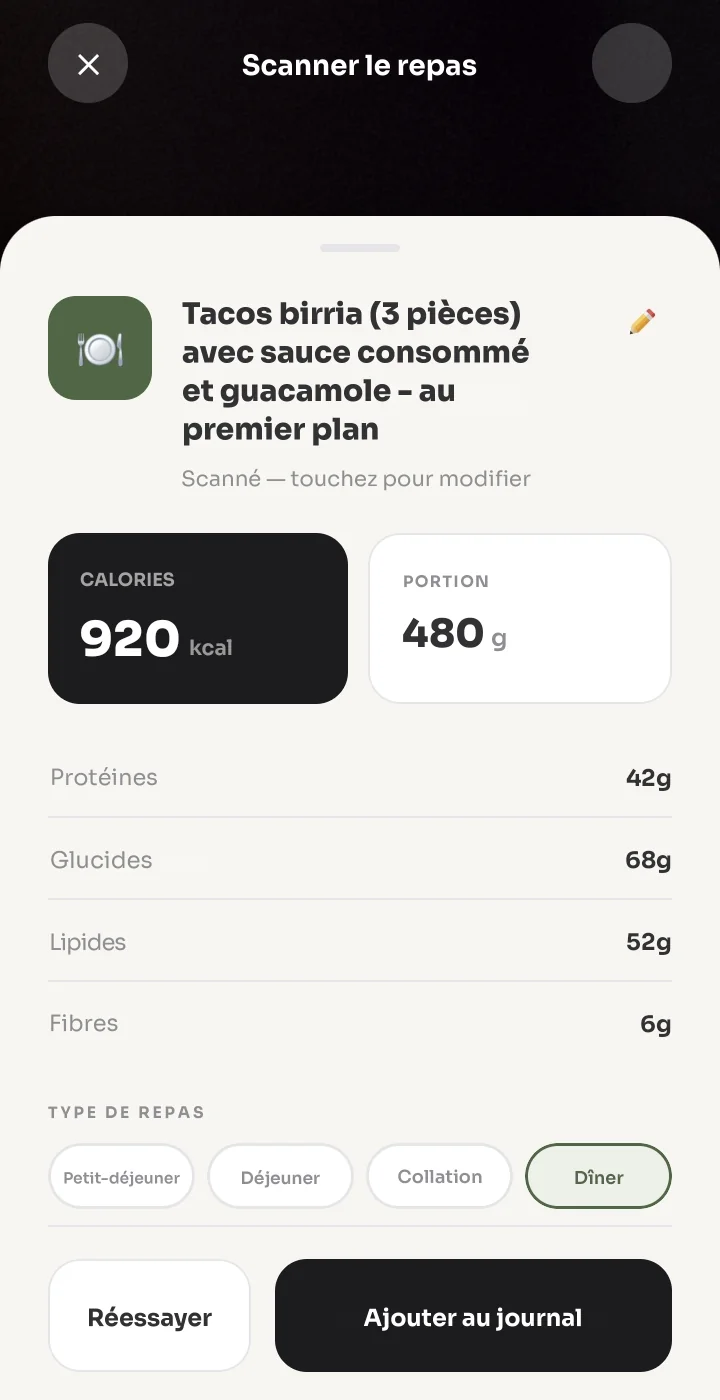 Résultat d'un scan de repas avec calories, portion et macros