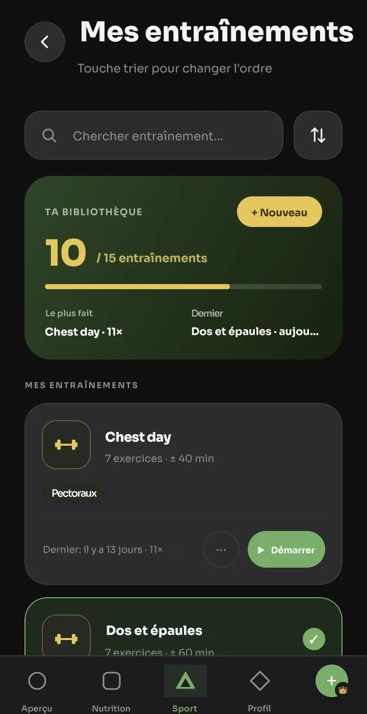 Mes entraînements avec ta bibliothèque d'entraînements personnels